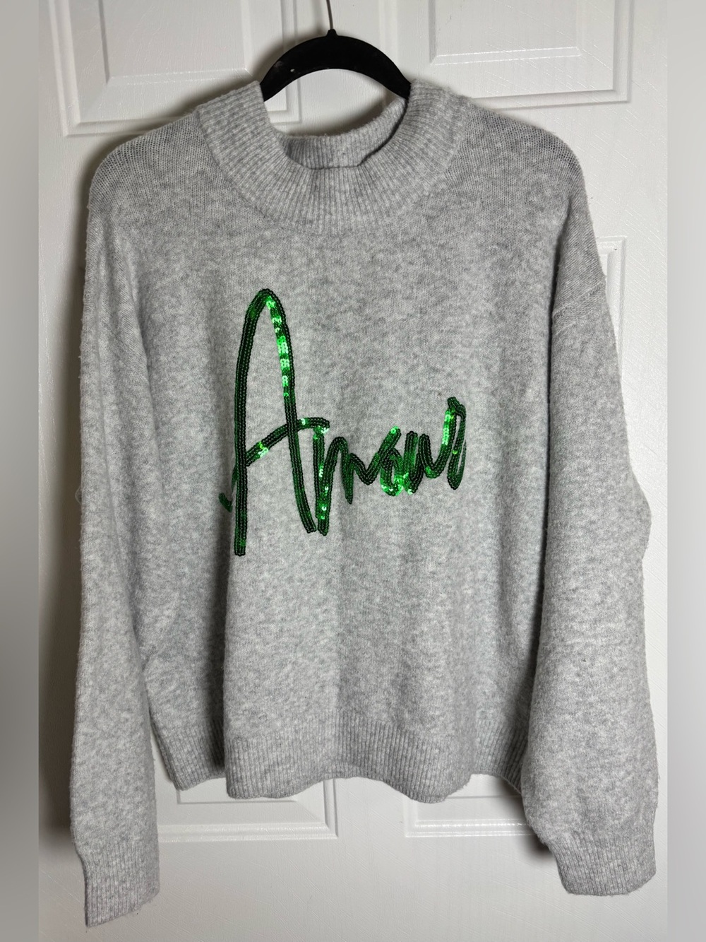 a new day Gray Crewneck Sweater with Green Sequin Script